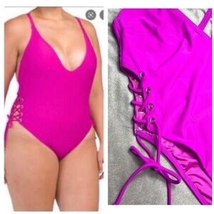 City Chic Hot Pink Lace Up One Piece Swimsuit Open Sides Plus Size 14